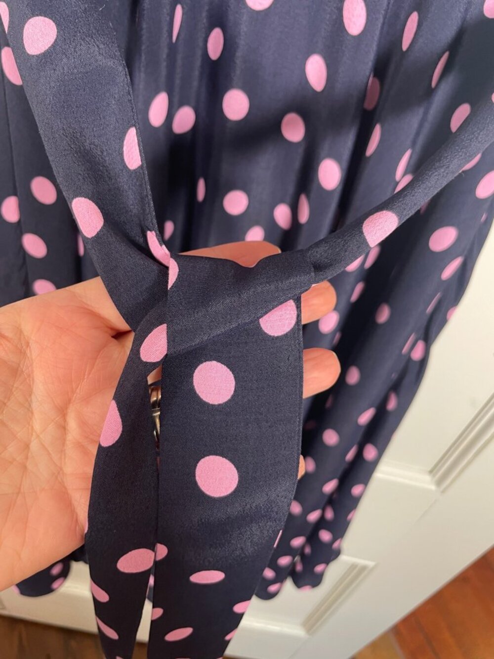 HOBBS London Fit & Flare Dress Sz 6 US Blue Pink Polka Dot Tie Belt - Picture 5 of 10